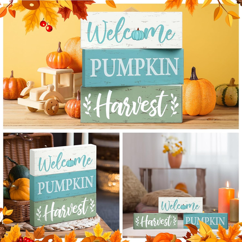 3 Pcs Fall Decor Blue Thanksgiving Table Centerpiece Welcome Pumpkin Harvest Woo - Picture 6 of 7