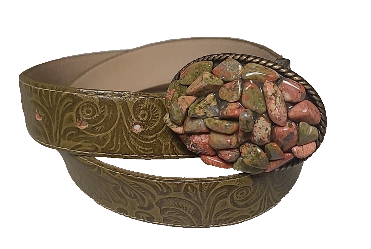 Stone Belt Buckle Womens Medium 38 Green Cowgirl Western Boho Leather Belt
