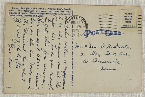 Vintage Linen Postcard - Atlantic City, New Jersey - 1942 - Picture 2 of 2