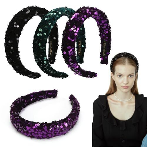 LONEEDY 3 Pack Glitter Sequins Sparkly Hard Headbands for Kids Wide Velvet