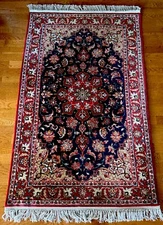 1950’s Nice 3 X 5 Wool on Cotton Isfehan Navy Blue Scarlet Sand Ivory  225 KPSI