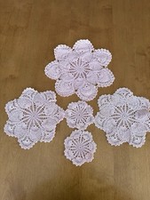 Set of Five Beautiful Vintage Hand Crocheted Doilies In Pink. VGC See Photos