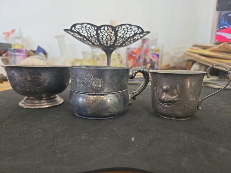 Lot of 4 Antique Silver Plate Baby Cups, Bowl, Candy Dish