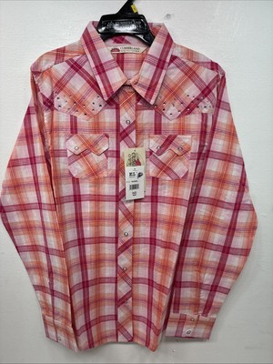 New Women s Cumberland Pink Orange Plaid Long Sleeve Pearl Snap Large II-106