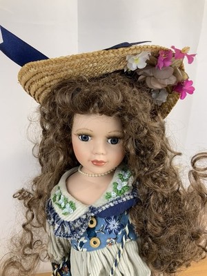 Emerald Doll Collection Porcelain Doll Item 70029 NIB w/ Straw Hat & Blue Dress