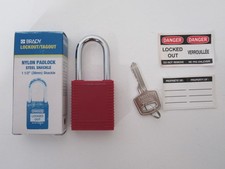 Brady Lockout / tagout red nylon padlock, steel shackle 1 1/2" (38mm) shackle