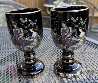Vintage Keramikos Griechenland Mythologie Kelche Paar Schwarz Keramik Wein Greek Pottery