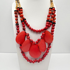 Vintage 90s Red Tagua Nut Bead Statement Necklace Multi Strand Tribal Ethnic