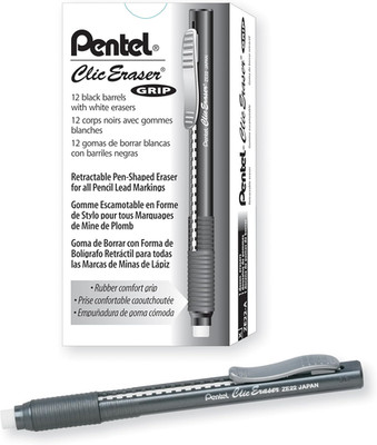 Clic Eraser Grip, Retractable Eraser, Black Barrel, Box of 12 (ZE22A)