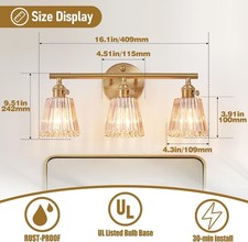 3-Light Bathroom Vanity Light, Brushed Brass Gold Vintage Wall Sconce with Indep