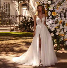 Bohemain Tulle Side Split Elegant Wedding Dress For Bride A Line Boho Lace