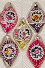 Lot Modern VTG Glass Pictured Glittered Indent DROP Christmas Ornaments Romania