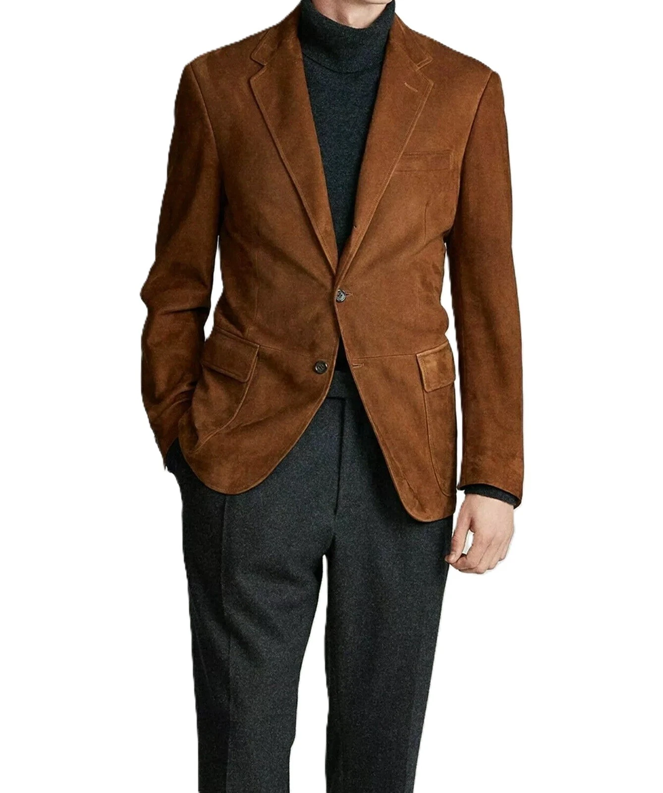 Men's Suede Blazer Brown 100% Pure Leather Two Button Coat Classic Retro Jacket