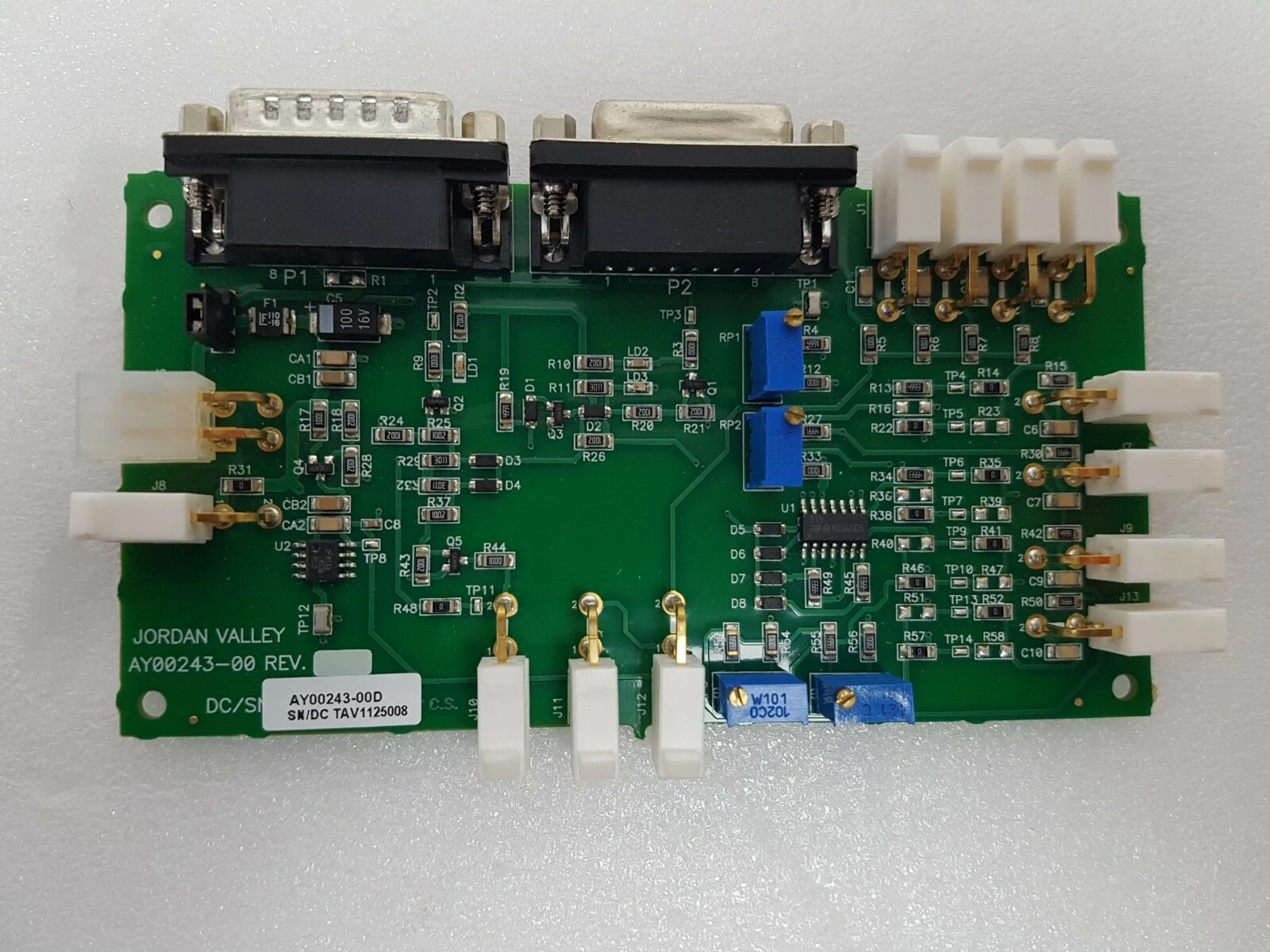 Jordan Valley AY00243-00D board, label S/N/DC TAV1125008, two 15-pin D-sub connectors and trimmers