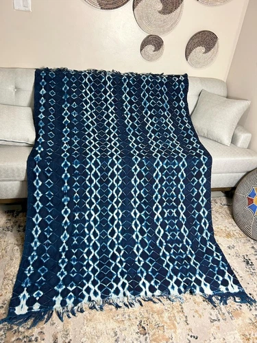 Authentic African Fringe Mudcloth Indigo Textile Boho Tie Dye Blanket Throw