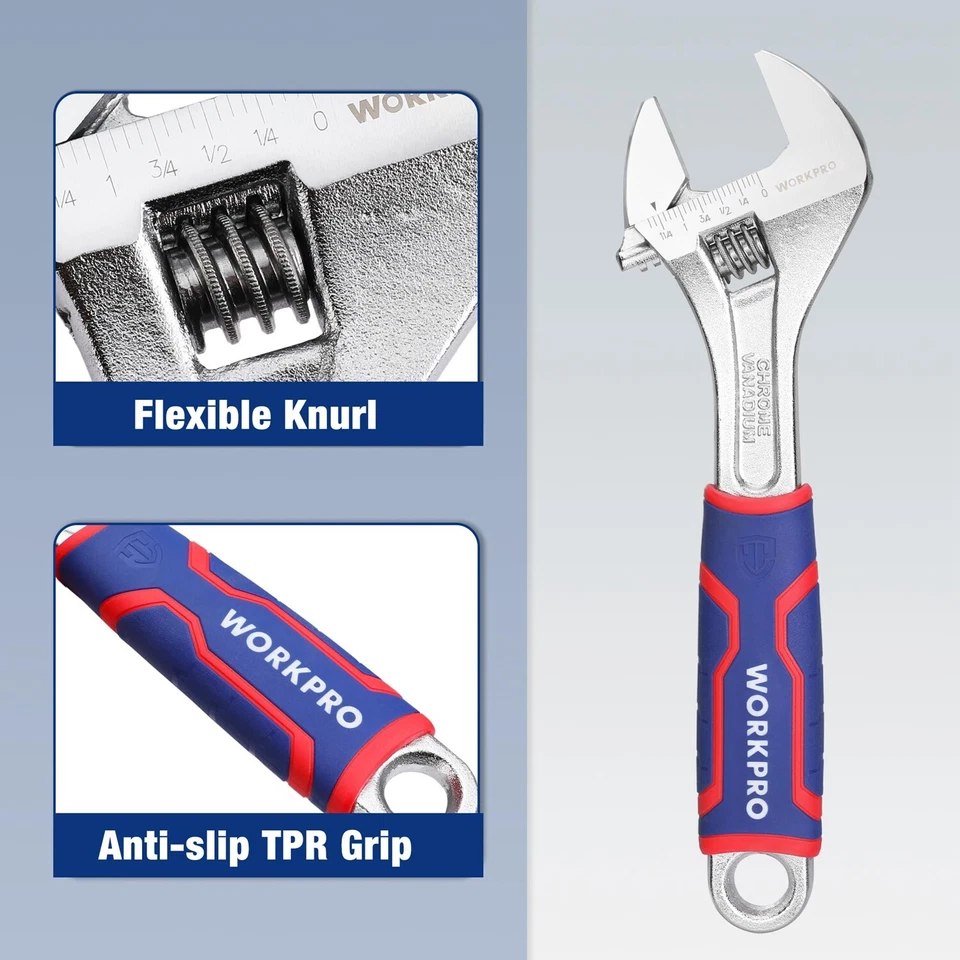 WORKPRO 10inch (250mm) Adjustable Wrench Cr-V Wide Jaw Opening Wrench Metric/SAE - Image 4 of 4