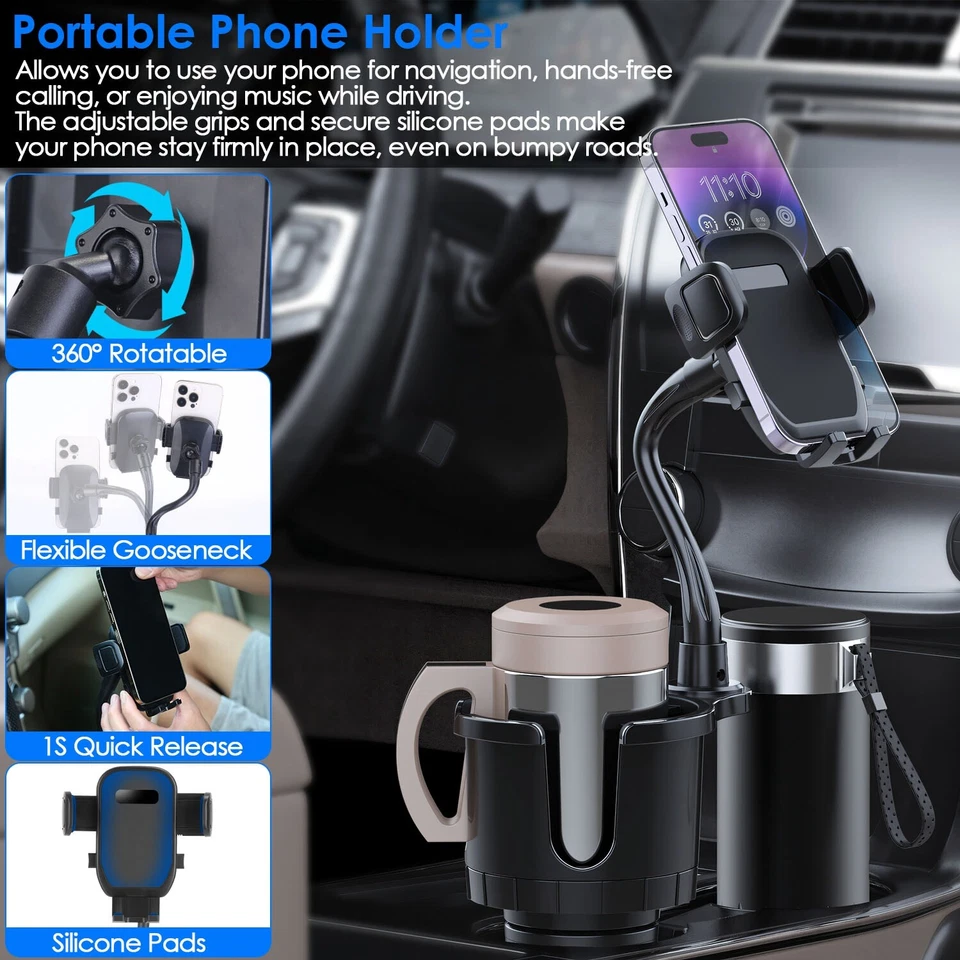 Suporte para telefone copo carro 2 em 1 com pescoço de ganso giratório 360° e base ajustável - Imagem 3 de 4