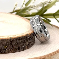 Simulated Diamond Inlay Band 8mm Silver Polished Tungsten Ring For Christmas Gif