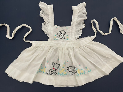 Vtg 1950's Patricia Ann Embroidered Pinafore Dress Puppies Dogs USA