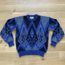 Vtg Expressions Mens Grandpa Sweater Sz M Multicolor Geo Knitted Crew Neck 90s