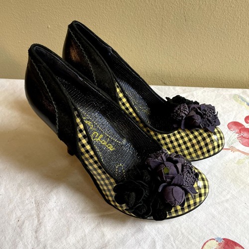Irregular Choice Yellow & Black Gingham Heels with Floral Toe Size 9.5 Heel 4" - Picture 7 of 13