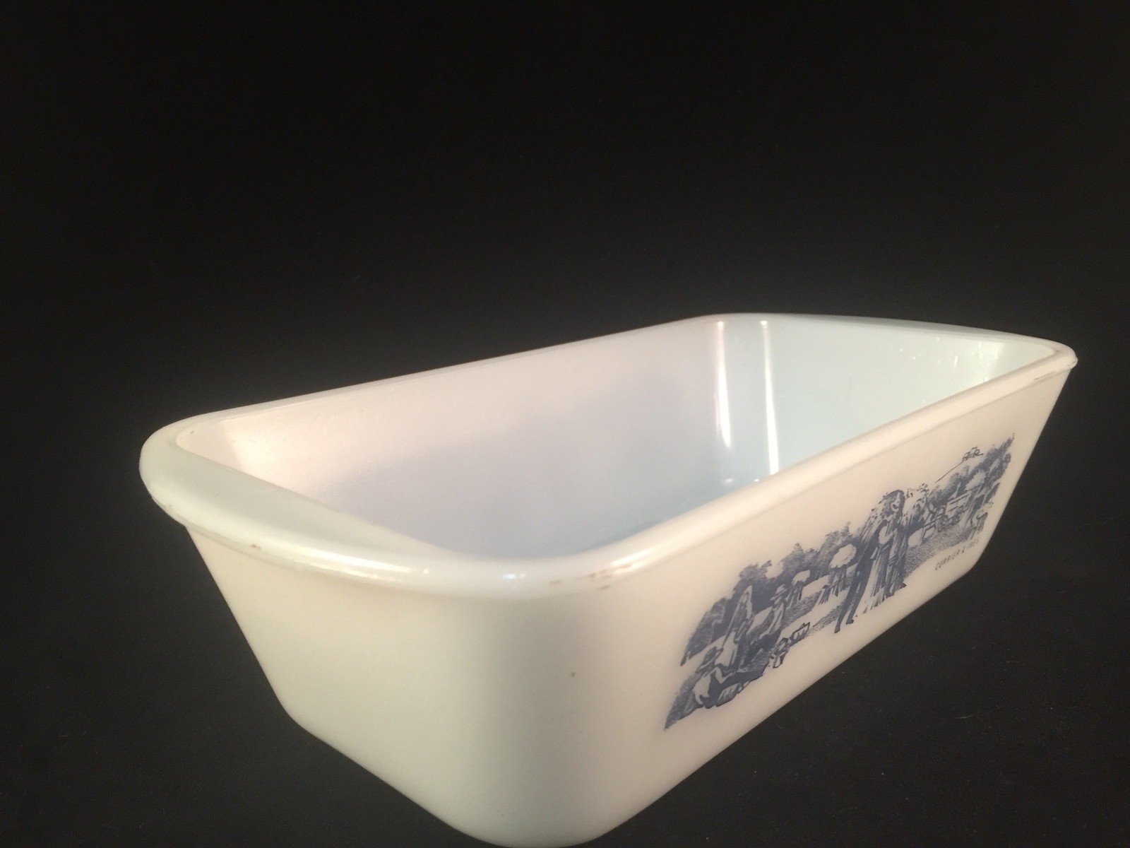 Currier And Ives Glasbake J522 Loaf Bake Pan Dish Ovenware White Blue Amish Farm