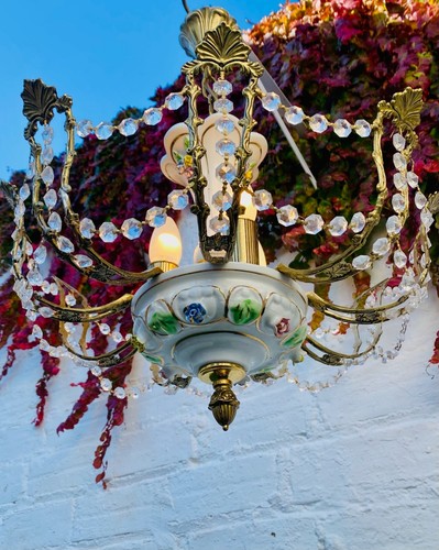 Antique Bronze Chandelier, Floral, White Ceramic Porcelain Capodimonte Manises - Picture 7 of 11
