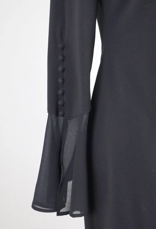 Vestido CALVIN KLEIN $109 Negro Sólido Crepé Elastizado Botón Manga Campana Talla 4 Foto 3 de 4