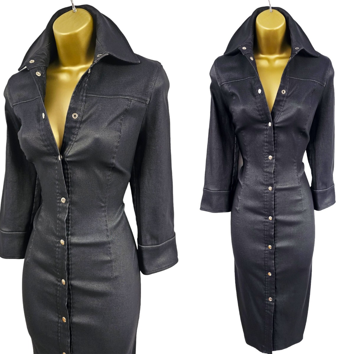 Karen Millen 12 UK Vintage Black Shimmer Denim Beaded Safari Utility Shirt  Dress