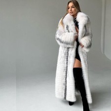 Luxury New Women Real Cross Fox Fur Long Coat Genuine Fur Stand-up Collar Jacket
