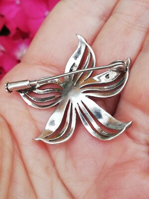 Broche Ancienne Fleur En Argent Massif Et Marcassite - Poinçonnée, Occasion