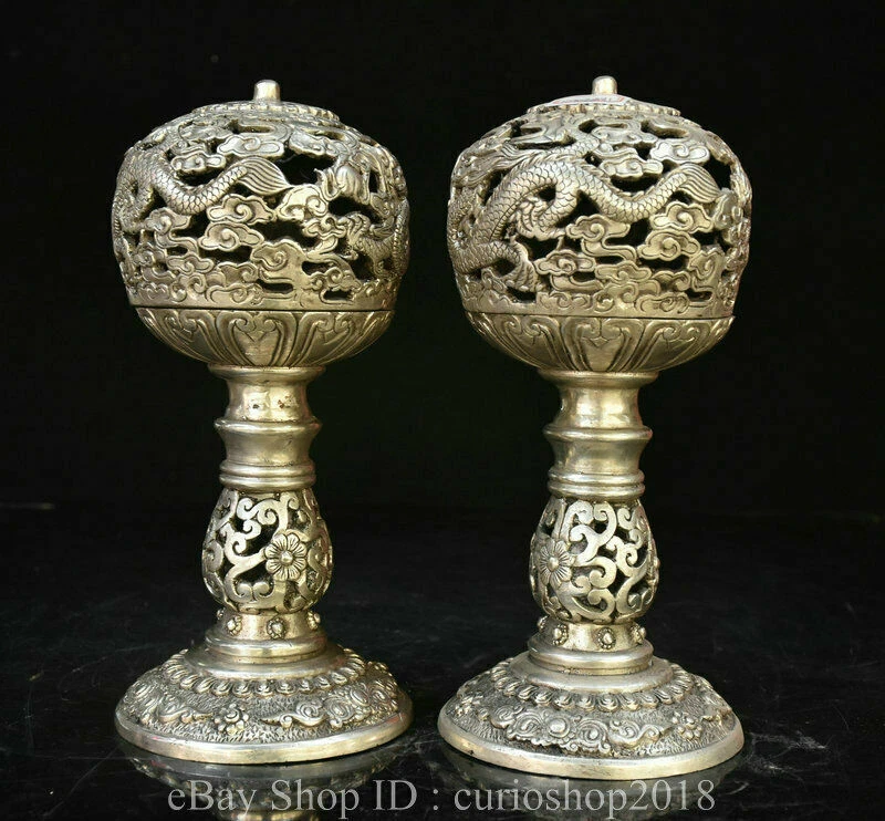 Par de quemadores de incienso incensario hueco patrón dragón dinastía plata China de 8,6 " Foto 4 de 4