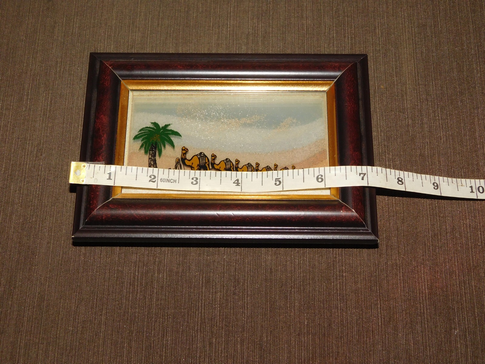 VINTAGE HANDMADE  7" X 5" U. A. E. SAND FROM 7 EMIRATES CAMELS FRAMED SOUVENIR