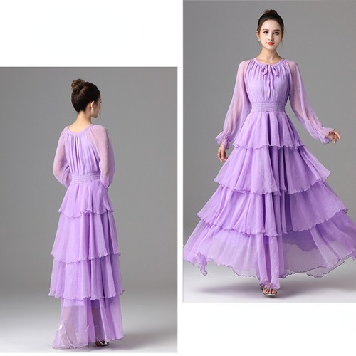 Lady Swing Dress Maxi Chiffon Tiered Layered Long Sleeve Princess Prom Gown Thin - Picture 12 of 29