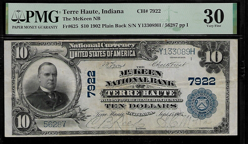US Terre Haute, Indiana 10 Dollars 1902 PMG 30 Fr #625 The McKeen NB CH#7922