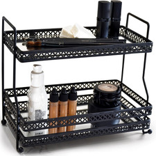2-Tier Bathroom Organizer Countertop - Matte Black Vanity Mirror Tray for Skinca