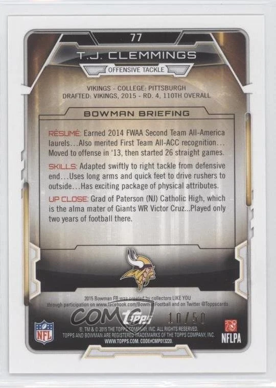 2015 Bowman Rookies Orange Ice /50 TJ Clemmings #77 RC - Image 2 of 2