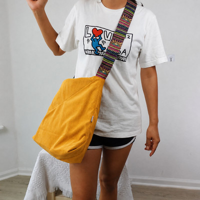 Honey Mustard Corduroy Crossbody Bag, Large Slouchy Tote, Guitar Strap Shoulder