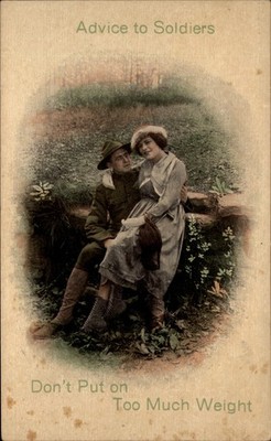 Romance Advice to Soldiers Too Much Weight girl on lap vintage postcard