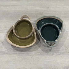 LTD Commodities Stoneware Drip Glaze Soup Cracker 2 Section Bowls - Olive & Teal