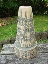 NICE Vintage Brushed Green Stoneware BIRD BATH PEDESTAL Lattice Floral Decorated
