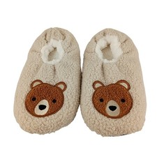 Womens Beige Sherpa Fleece Bear Slipper Socks Non-Slip Plush House Shoes 9-10