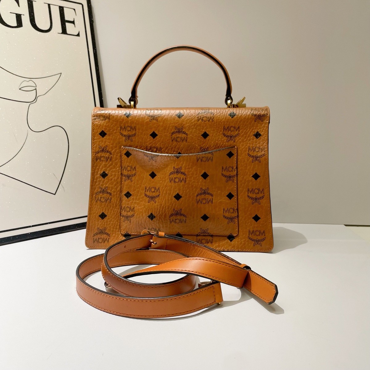 MCM Logo Print Handbag Brown Leather Shoulder Crossbody Bag