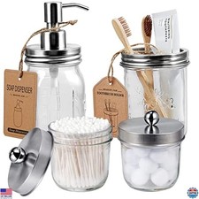 Mason Jar Bathroom Accessories Set 4PC - Soap Dispenser, Qtip  Toothbrush