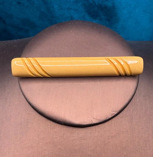 Vintage Yellow Bakelite Bar Pin Carved Retro Estate Jewelry 3 1/8"