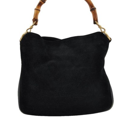Authentic GUCCI Bamboo Shoulder Hand Bag Purse Suede Leather Black AB925