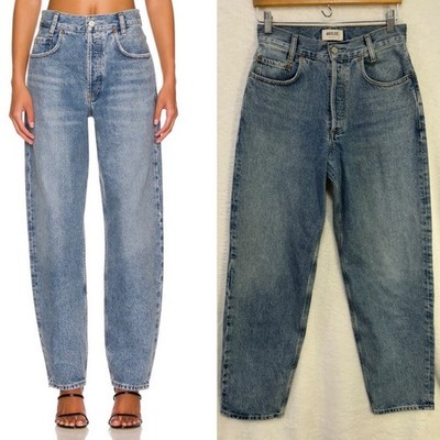 AGOLDE Womens Jeans, Sz 26 Tapered Baggy Blue Denim, 100% Cotton, Frayed Hem