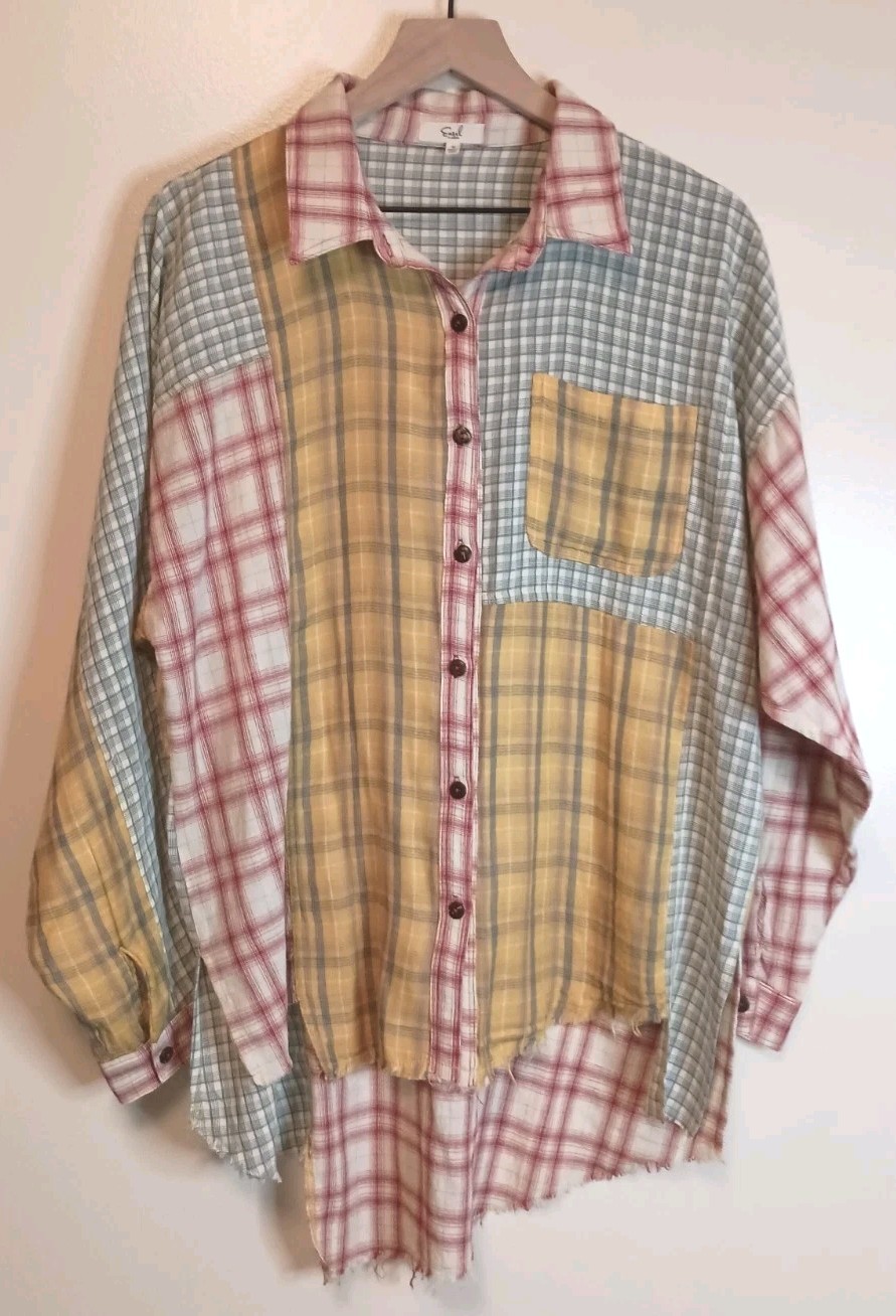 Easel Patchwork Plaid Button Down Boho Oversized … - image 1
