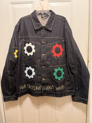 Japanese Selvedge Denim Jacket With Gear Patches On Multiple Pockets. Size XXL