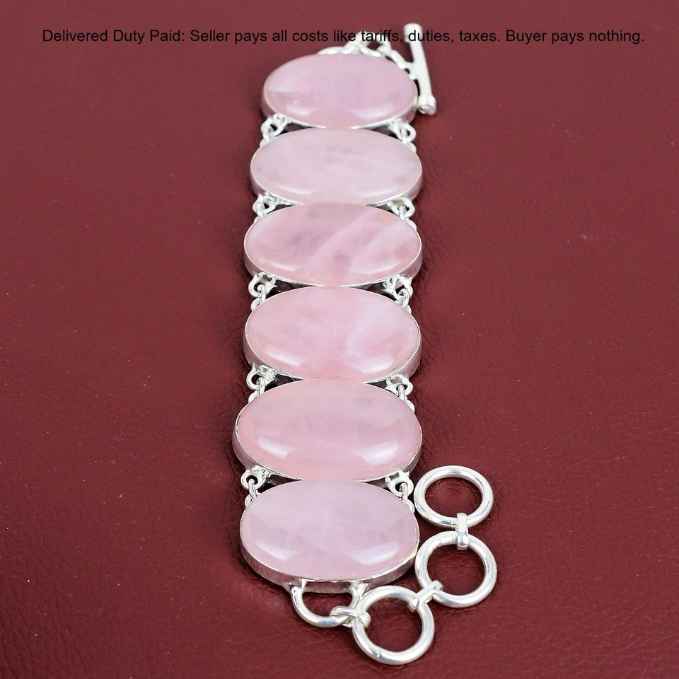 Pulsera de aniversario de cadena de plata de ley 925 de cuarzo rosa natural ovalada joyería Foto 2 de 4